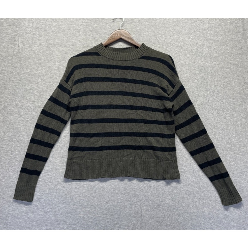 Evereve Sweater Womens XS Olive Green Black Striped Viscose Tight Knit Ribbed